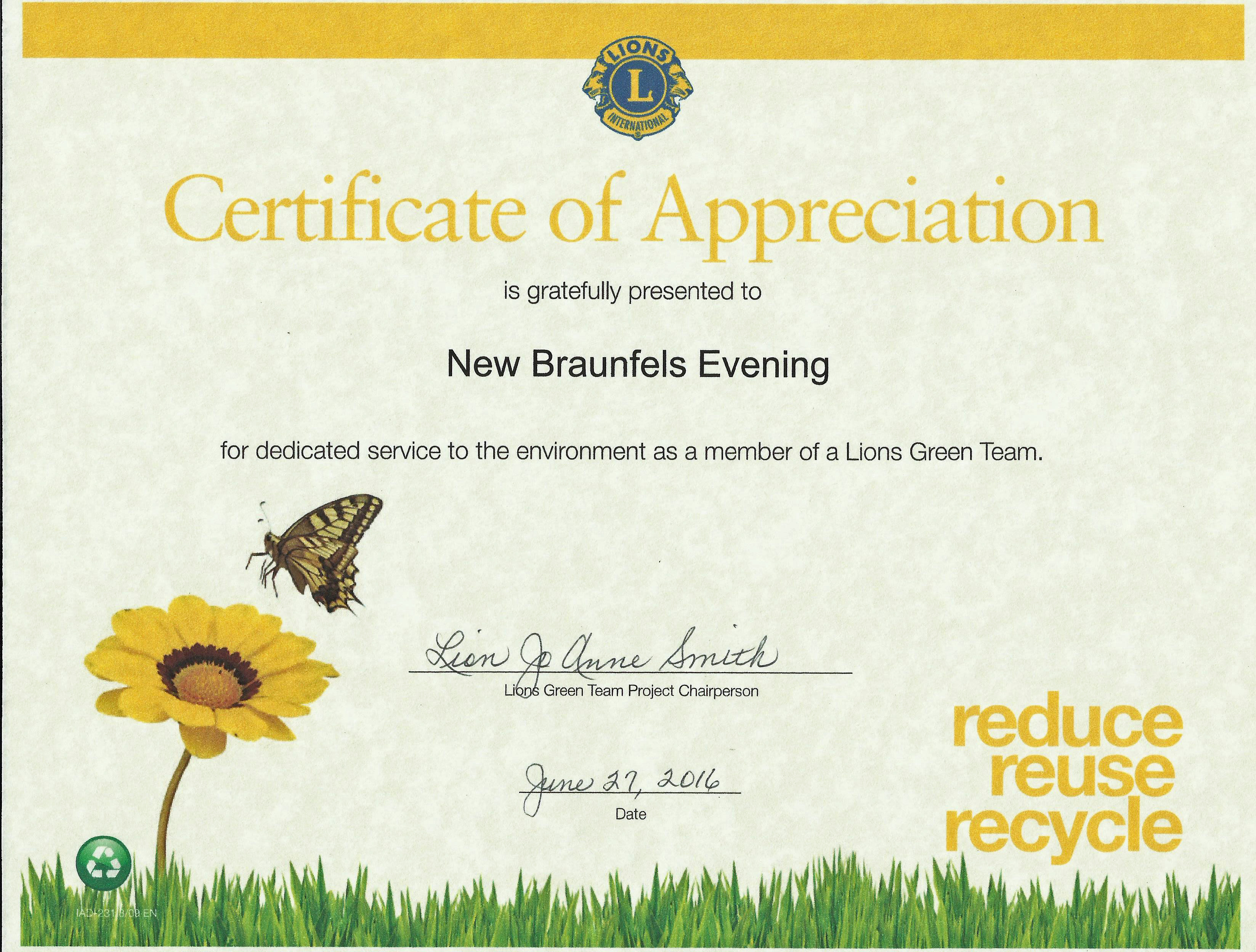 Certificate of Appreciation for Environmental Service